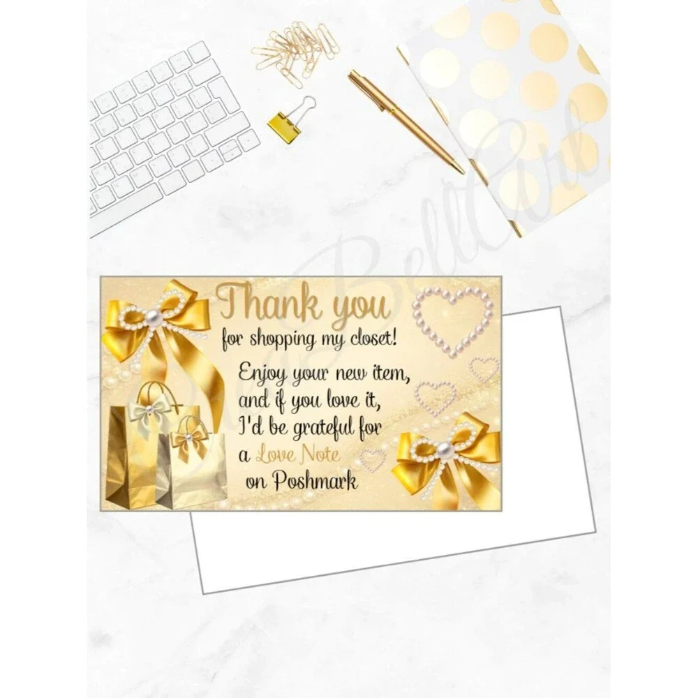 100  Thank You Cards | Gold Elegant Pearl & Bow Design for Small Business